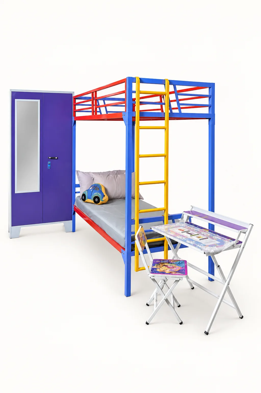Bunk bed with a folding study table.