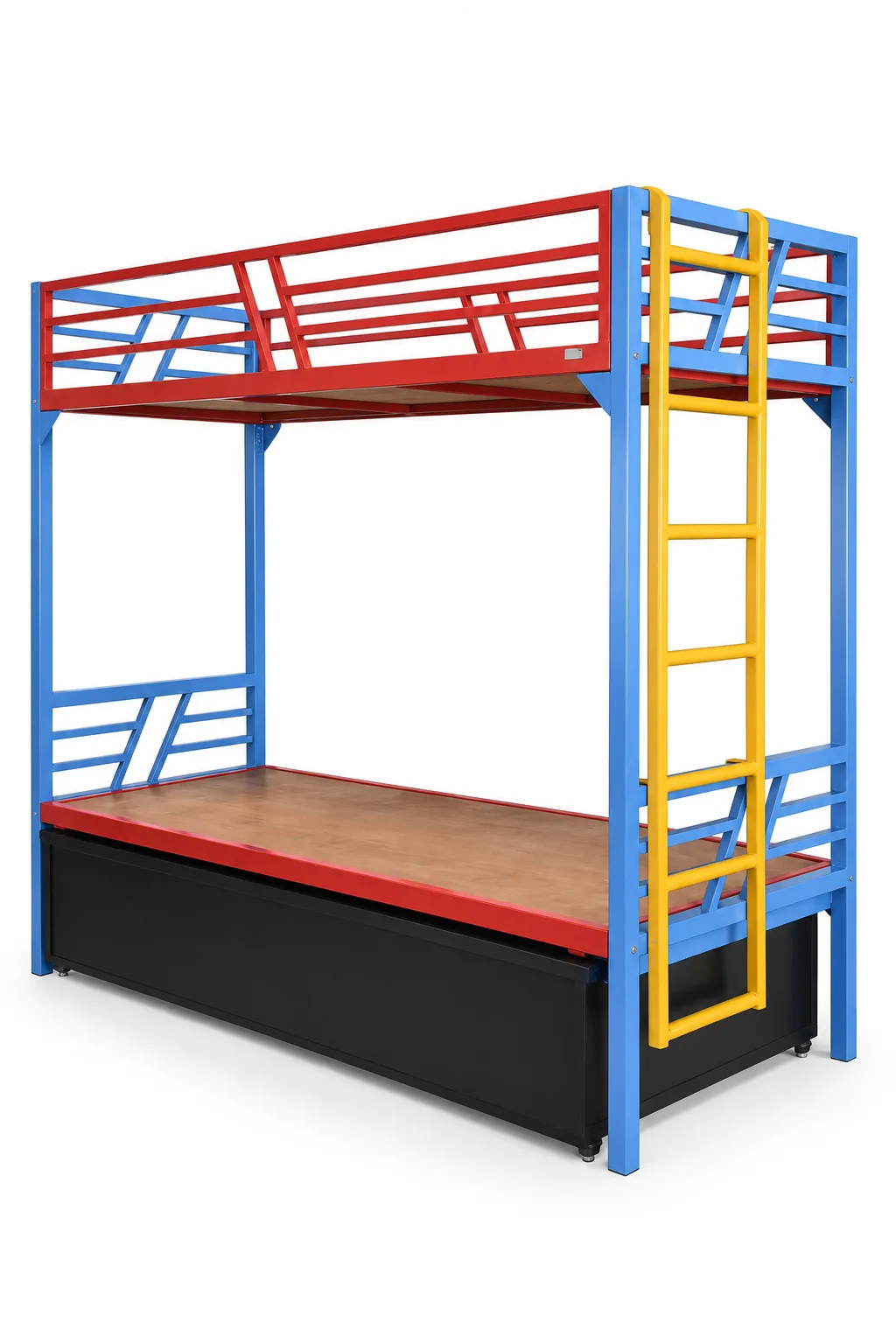 Two tier steel bunk bed with a ladder.
