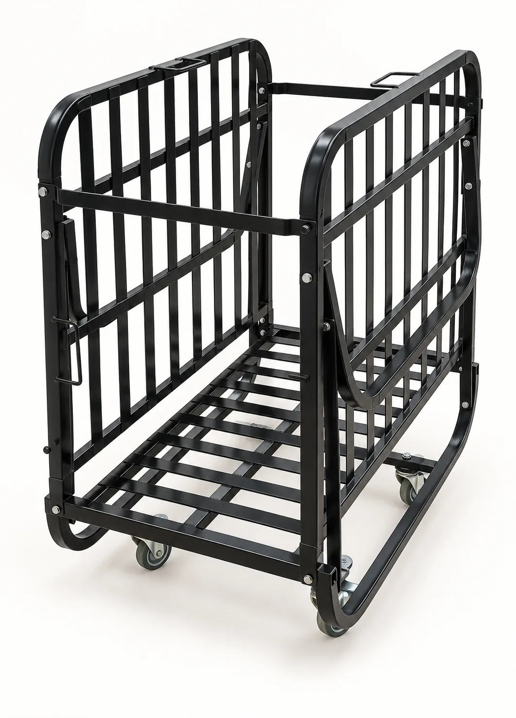 Black steel cage trolley on castors.