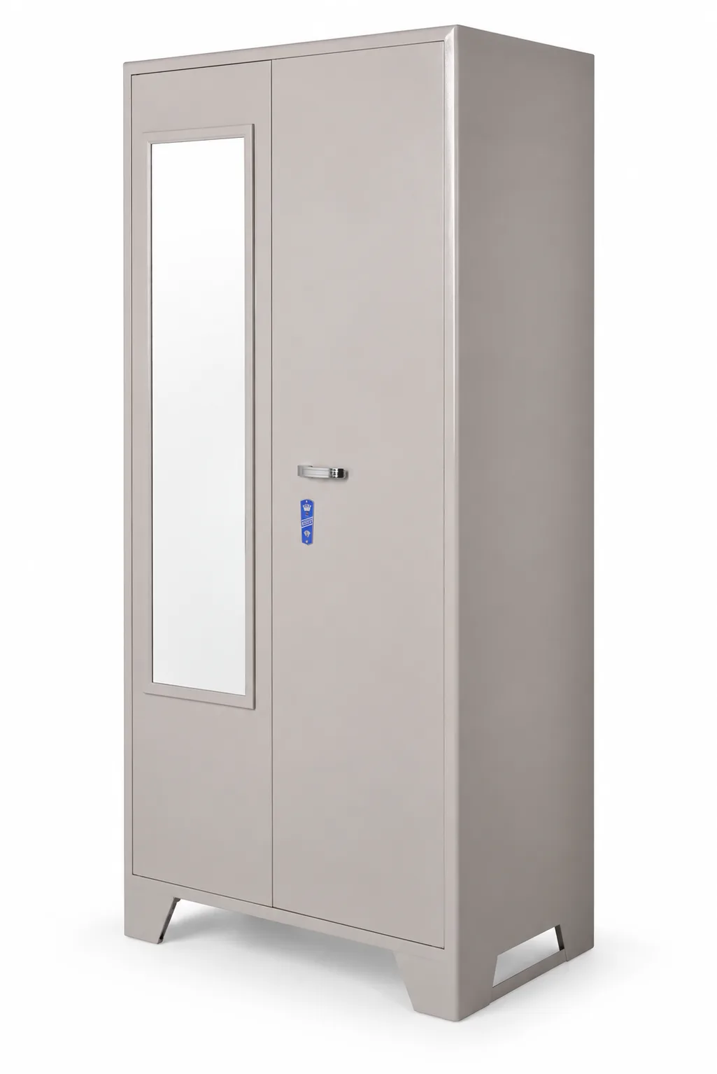 Single door steel cupboard with a mirror.