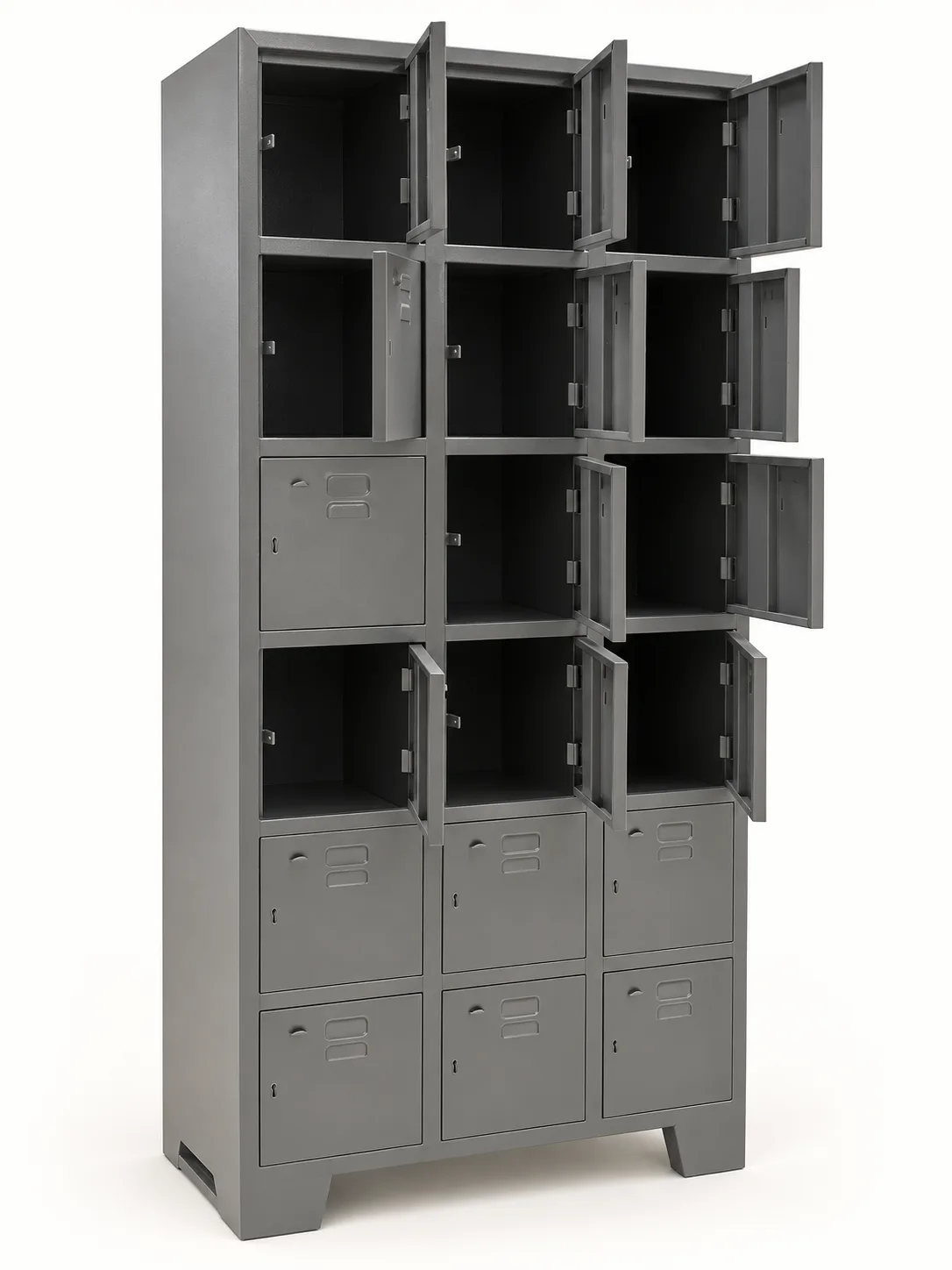 Eighteen door steel locker with several compartments open.