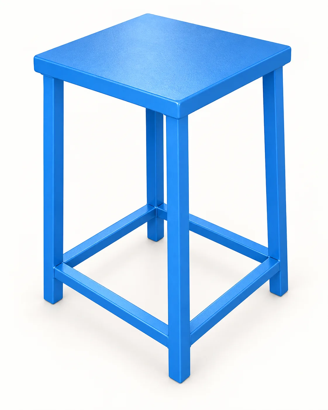 Blue steel stool with a square seat.