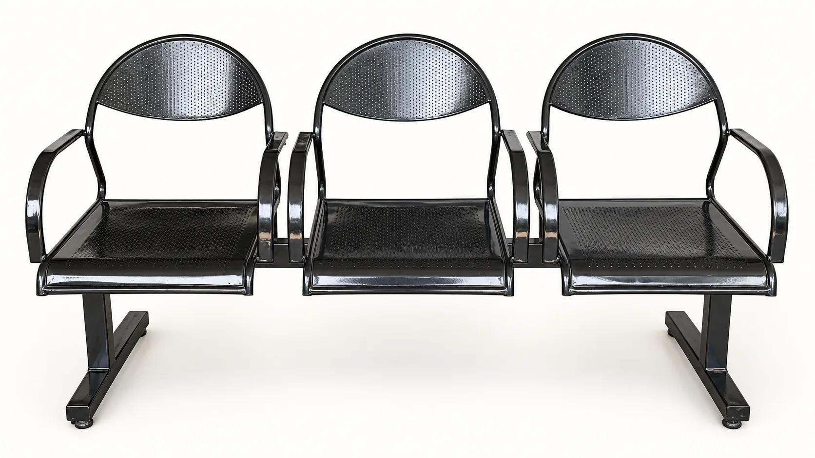 Three connected black waiting chairs with armrests.
