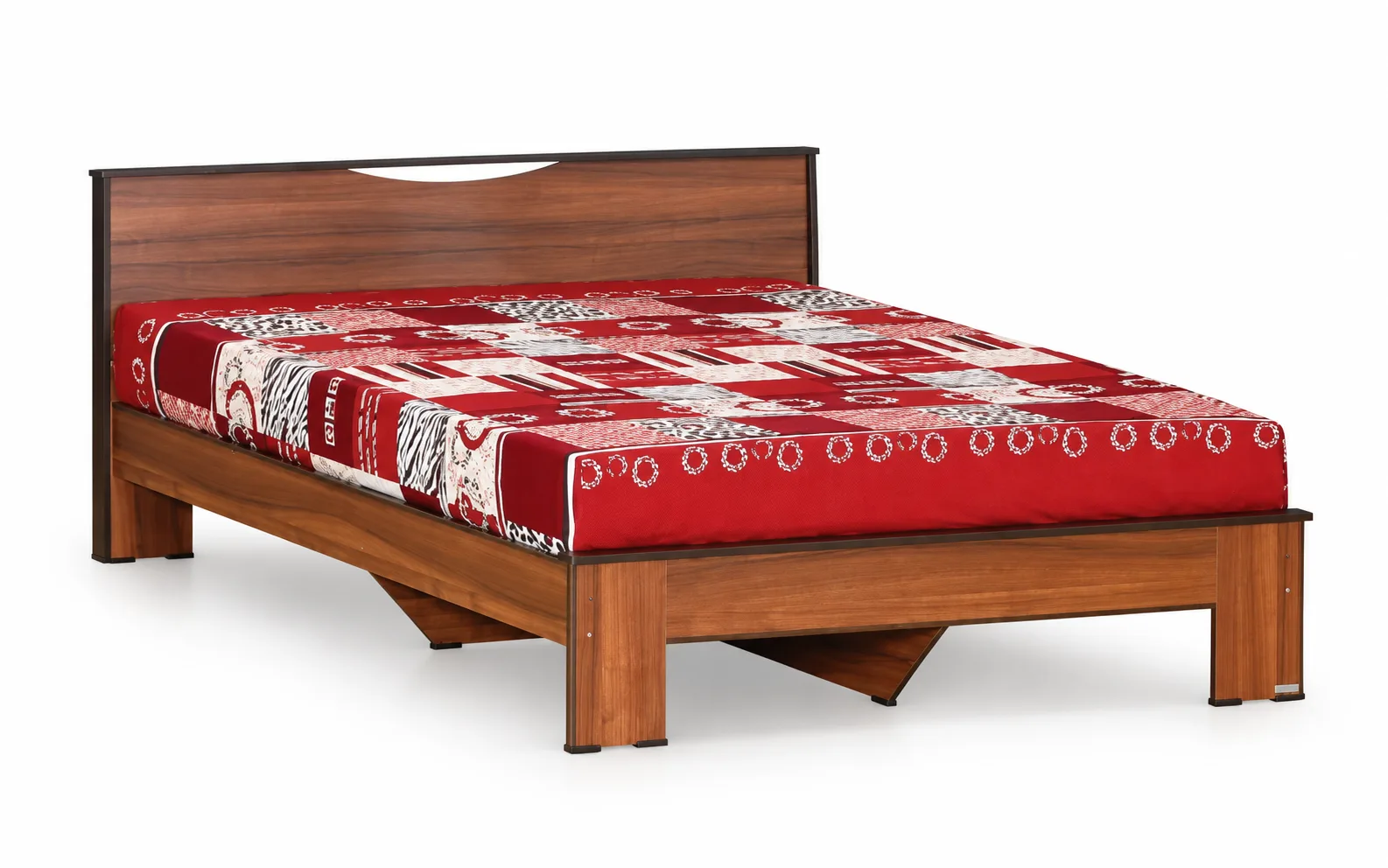 Wooden double bed with a panelled headboard.