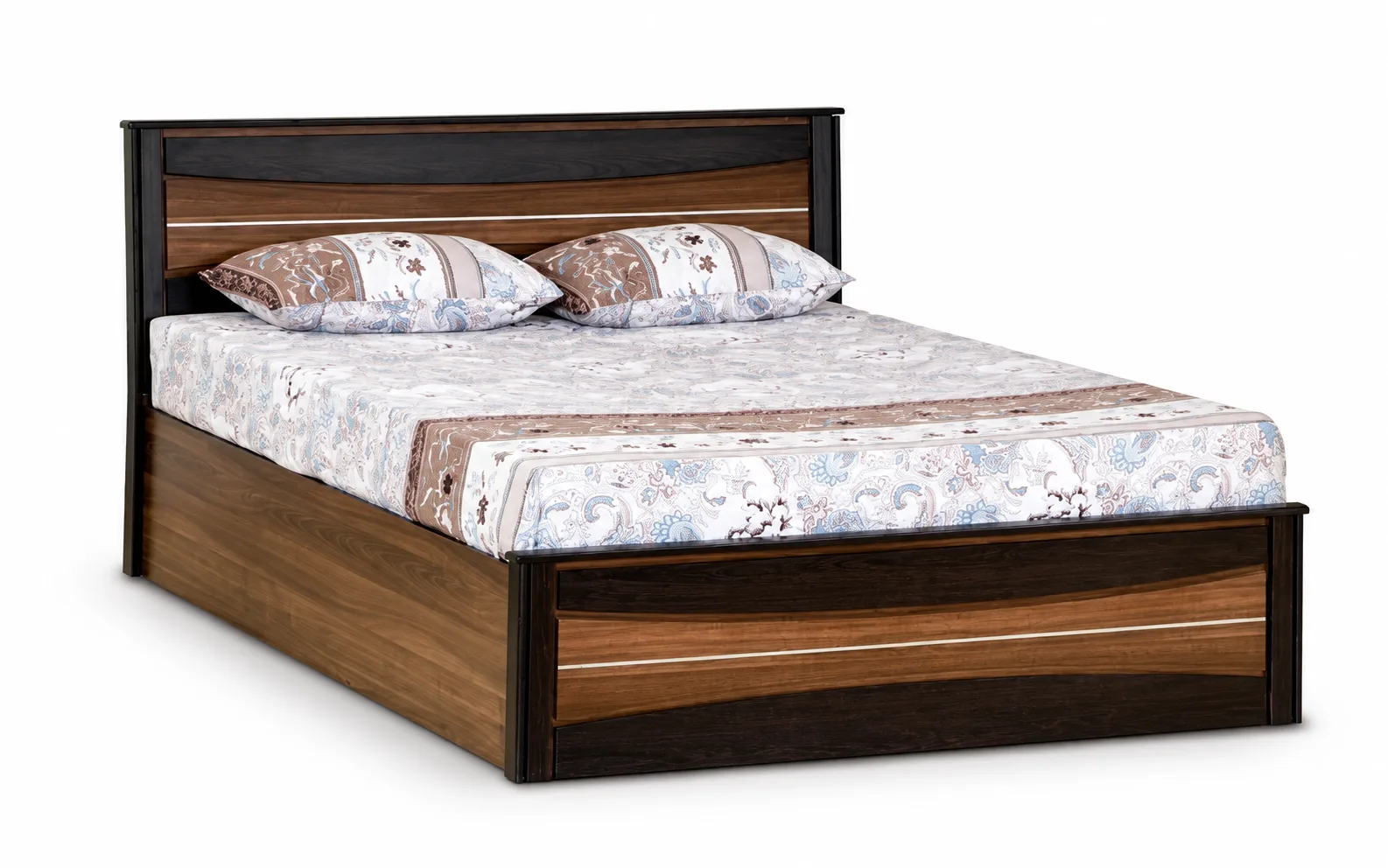 Wooden double bed with a storage base.