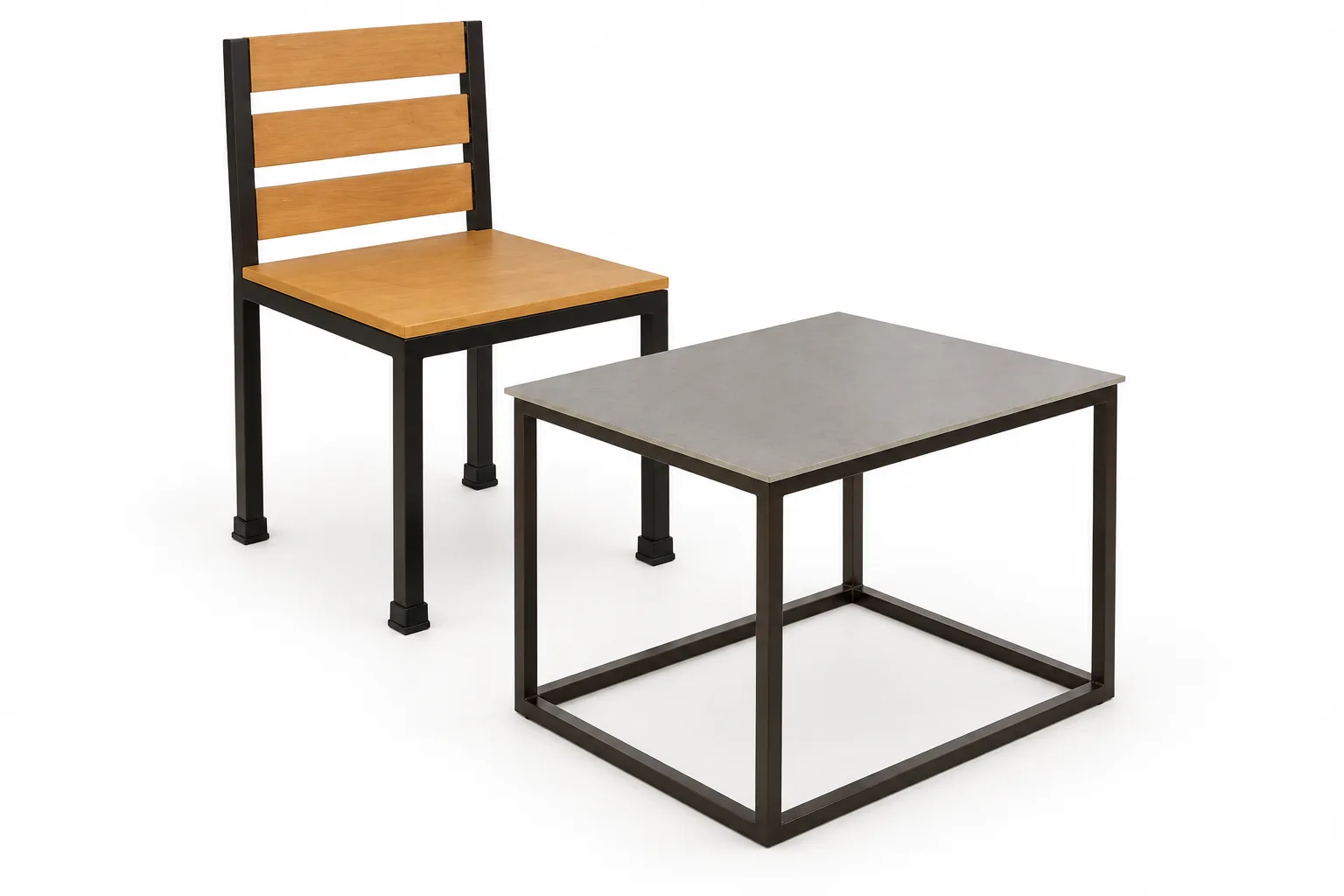 Wooden chair and a steel framed side table.