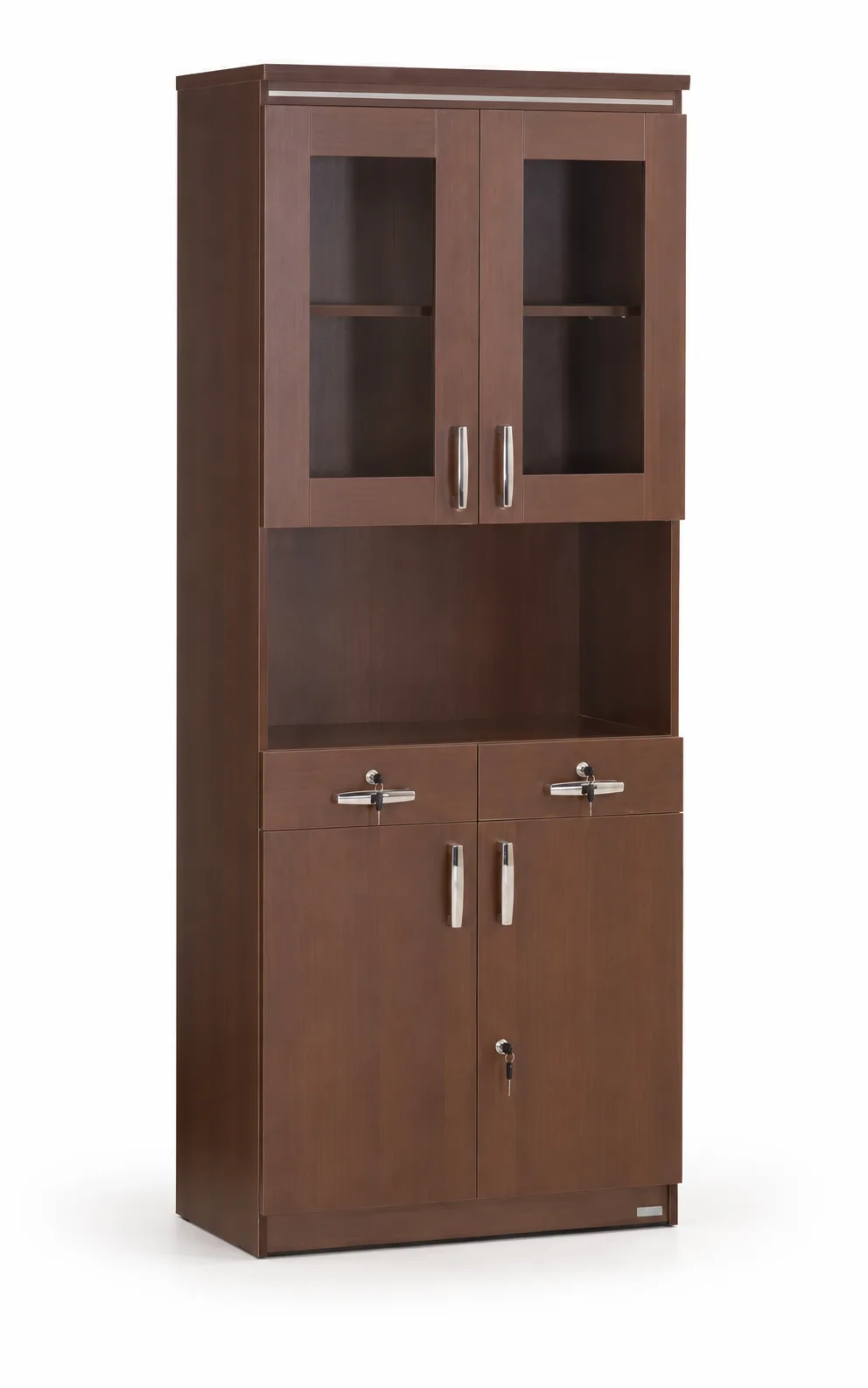 Wooden display cabinet with glazed upper doors.