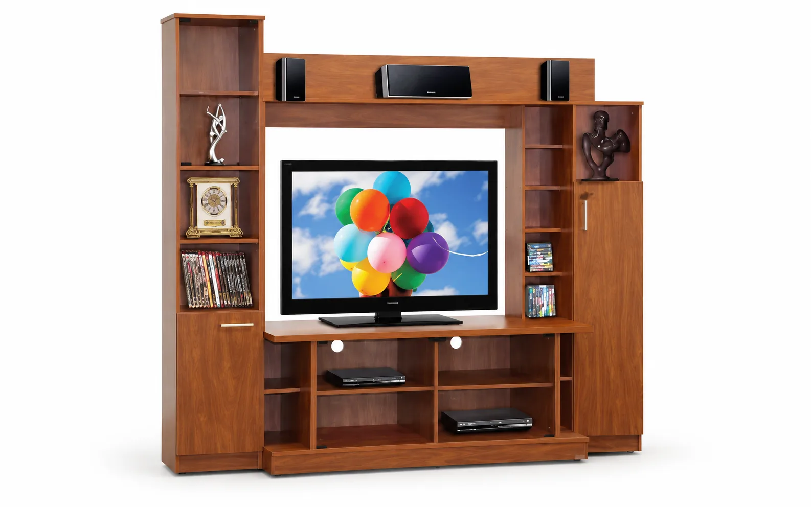 Wooden television unit with display shelving.