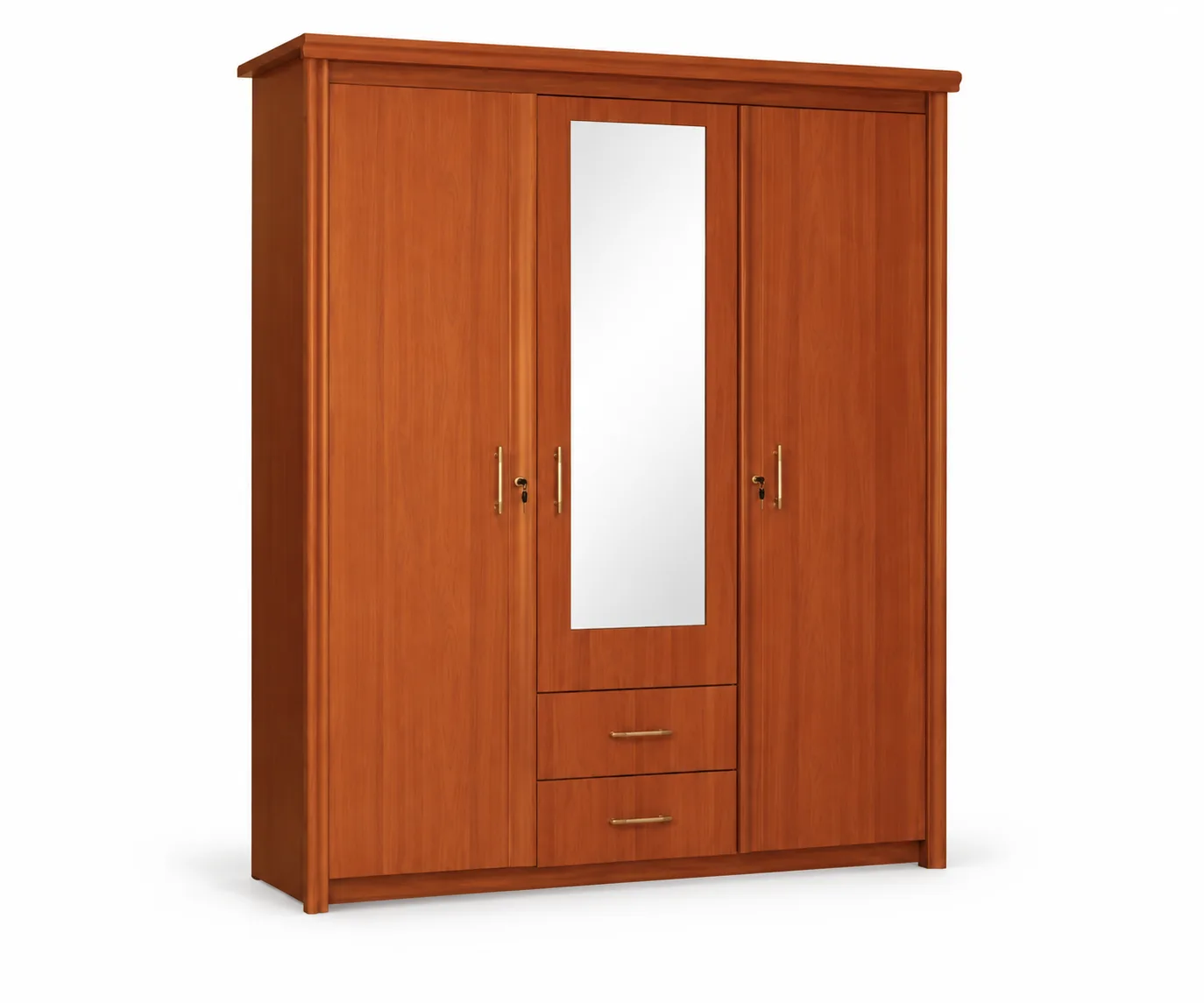 Wooden three door wardrobe with a mirror and drawers.