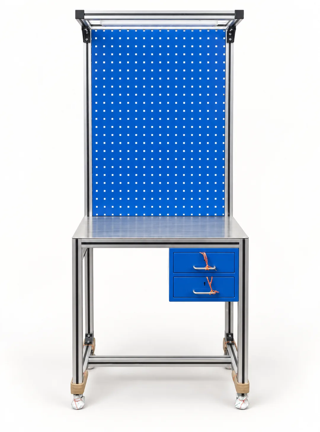Workstation table with a pegboard tool panel.