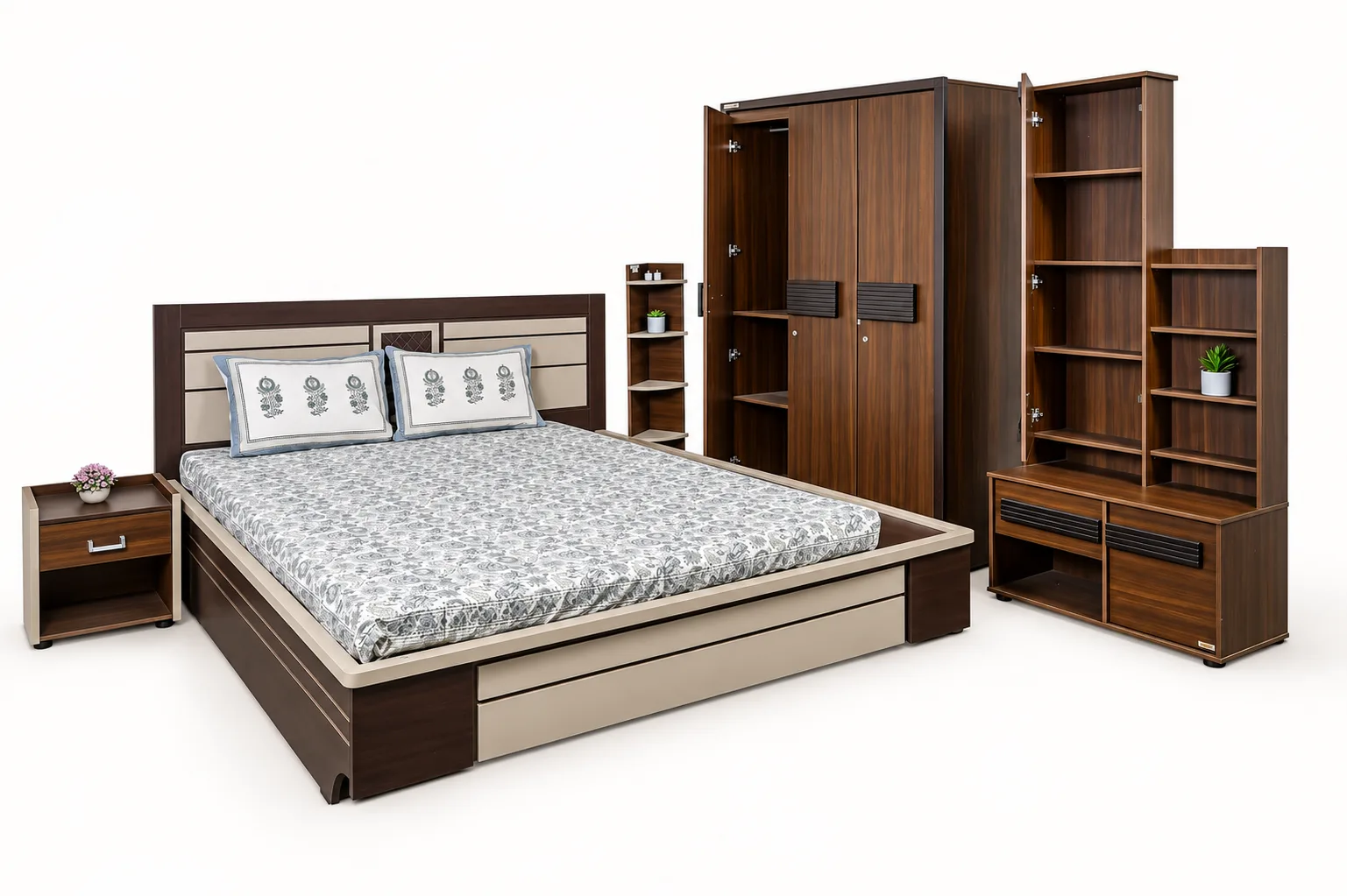 A bedroom: storage bed, wardrobe and open shelving.