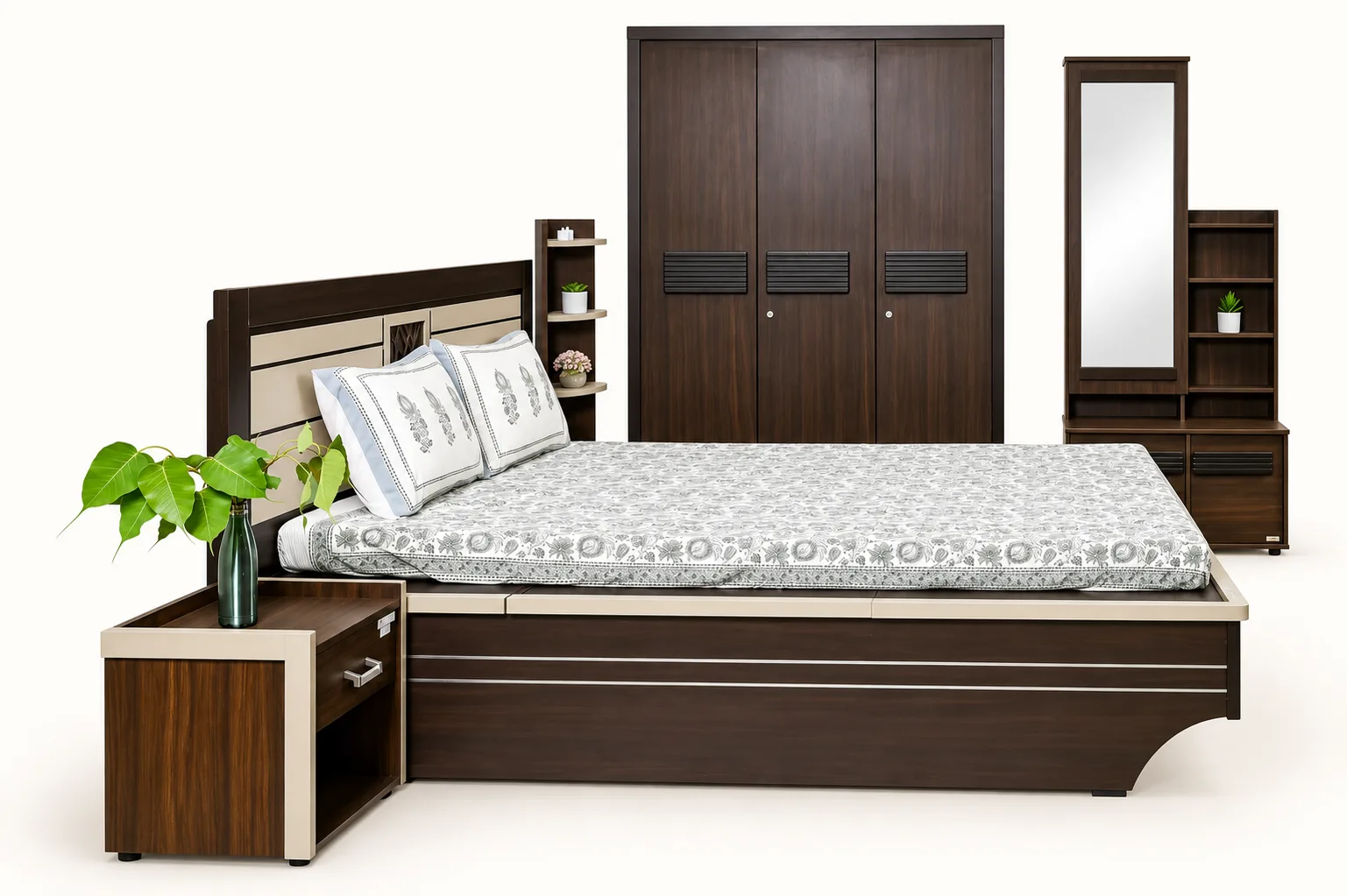 A bedroom in one go: storage bed, wardrobe, dressing unit and side table.