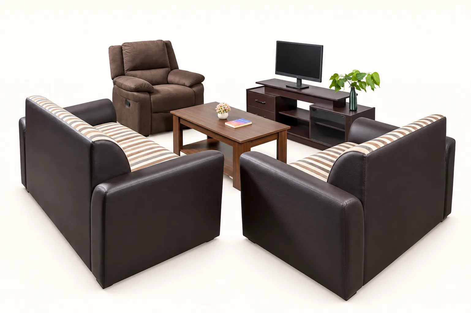 A living room with a recliner, sofas, television unit and centre table.