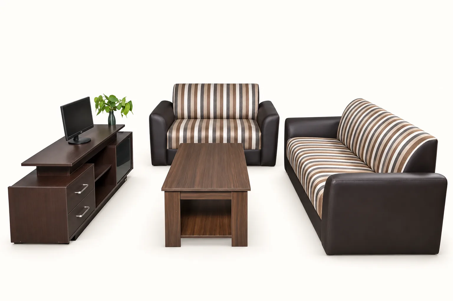 A living room: sofa set, television unit and a centre table.