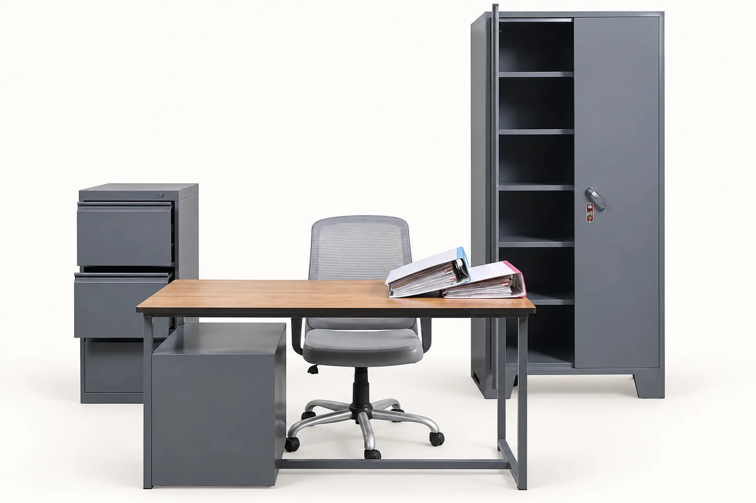 An office fitted end to end: desk, chair, filing cabinet, almirah.
