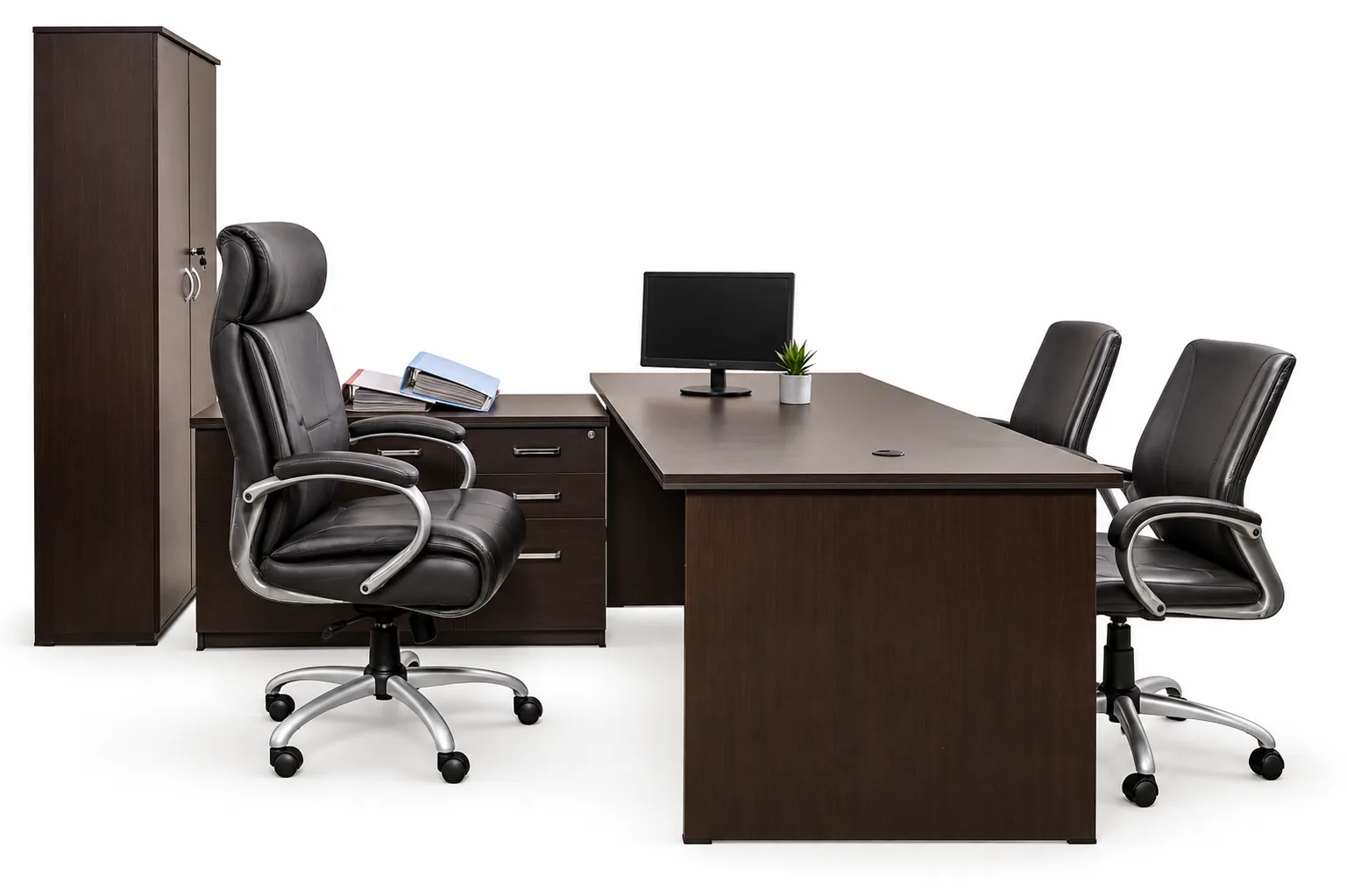 An office bay: desk, visitor chairs and a steel cupboard behind.