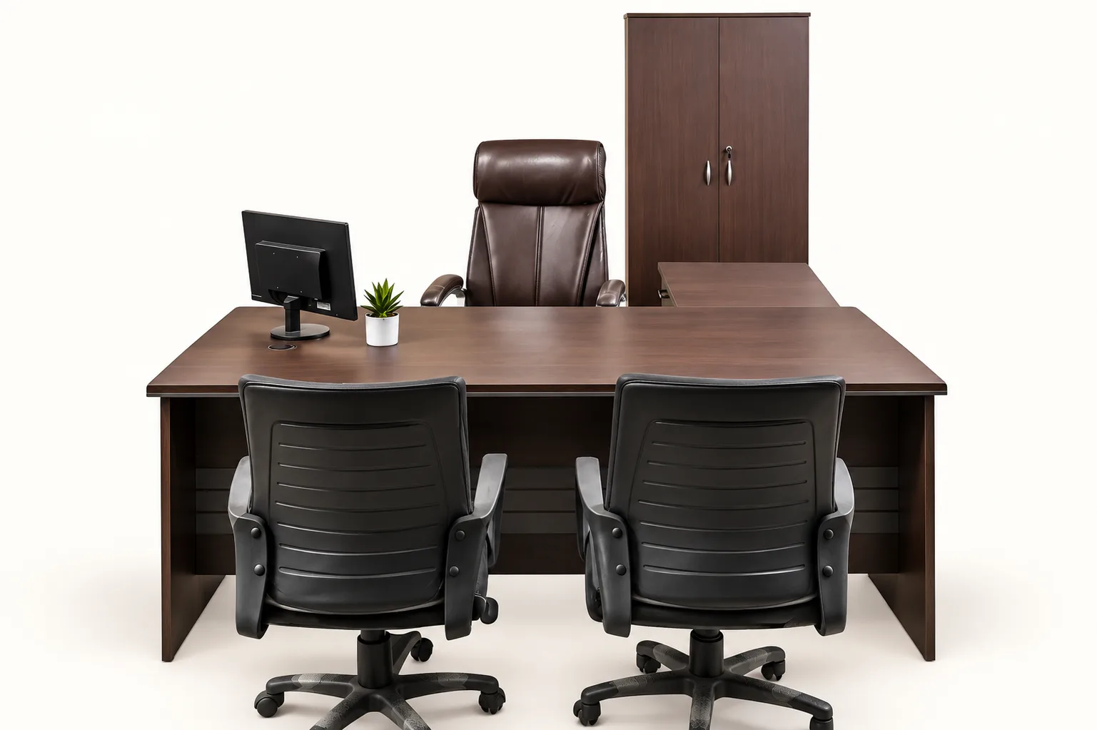 A manager's cabin: desk, two visitor chairs, cupboard.