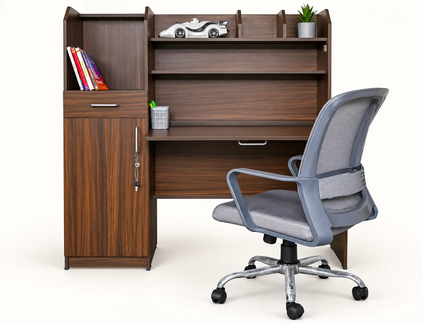 A study corner: desk with an overhead hutch, and a chair.