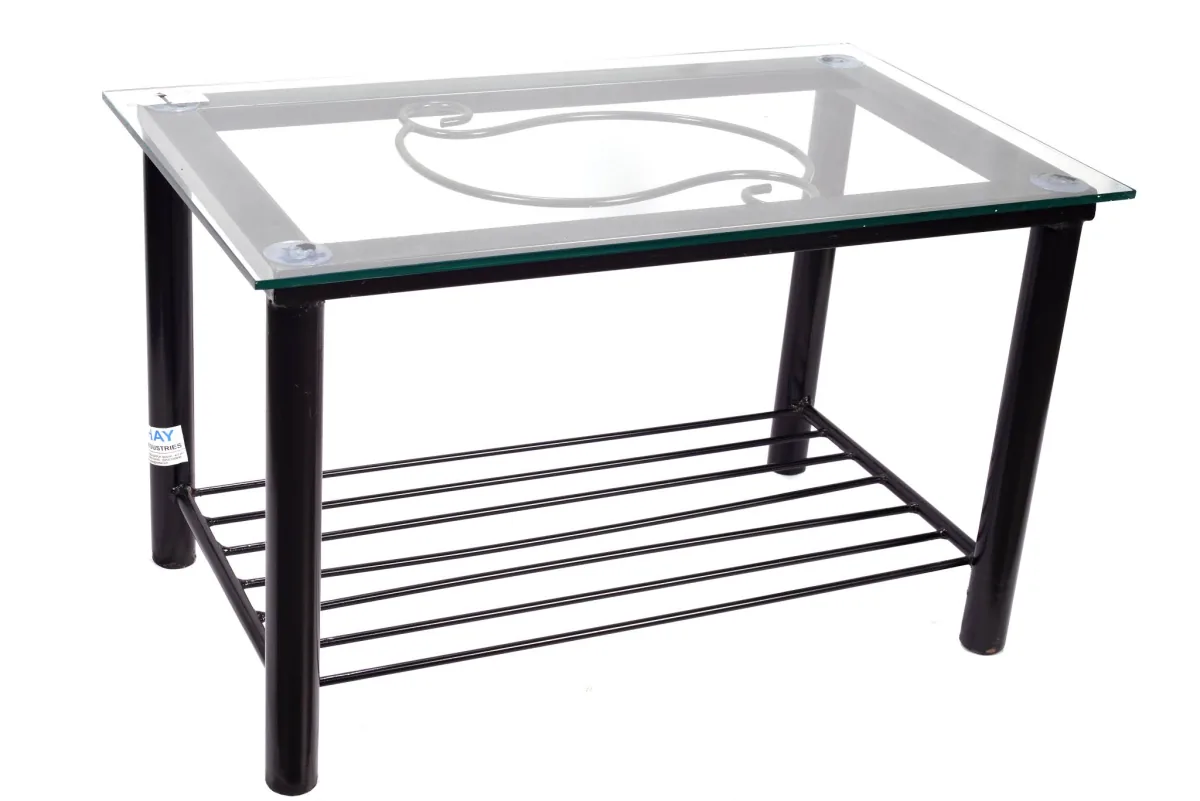 Glass top centre table on a steel frame.