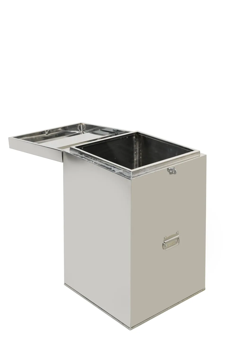 Stainless steel bin, shown with the lid open.