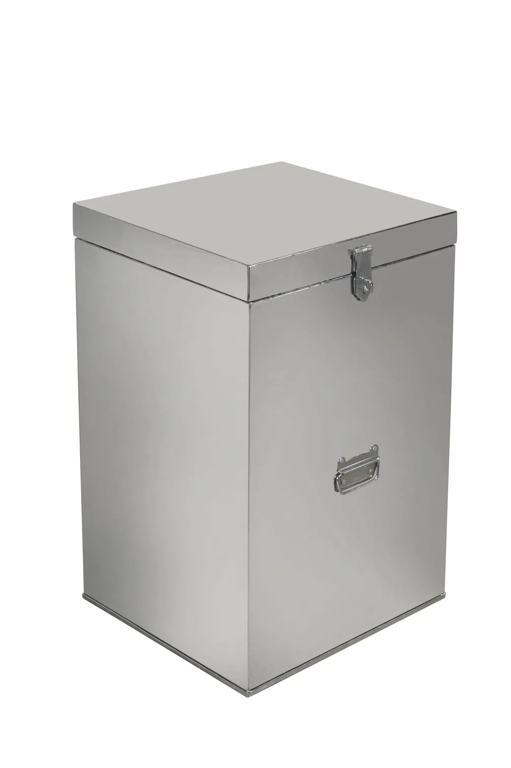 Stainless steel bin with a lid.