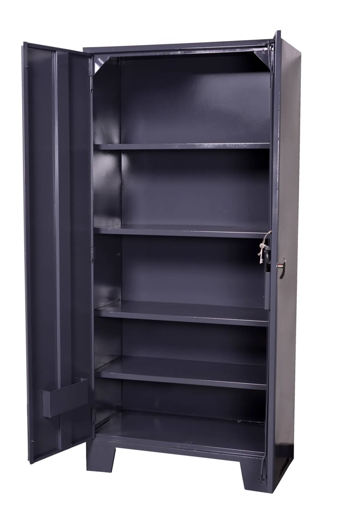 Steel almirah, shown open, with adjustable shelves.