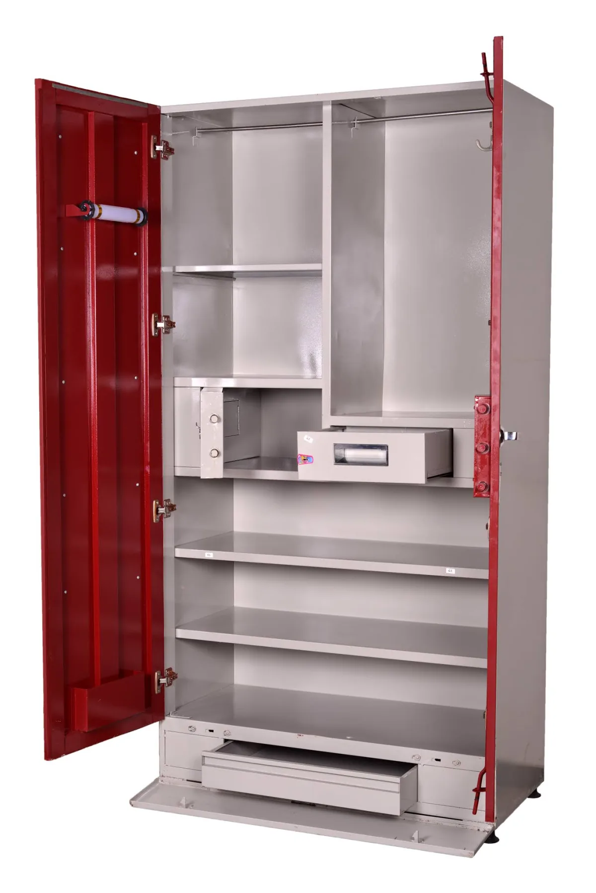 Steel almirah, shown open, with a locker and shelves inside.