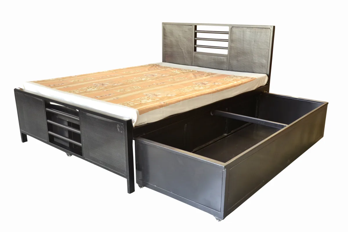 Steel double bed with the storage drawers pulled out.