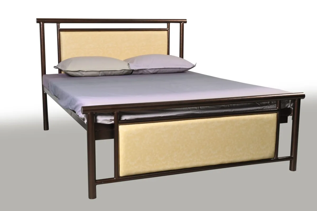 Steel double bed with a panelled headboard.
