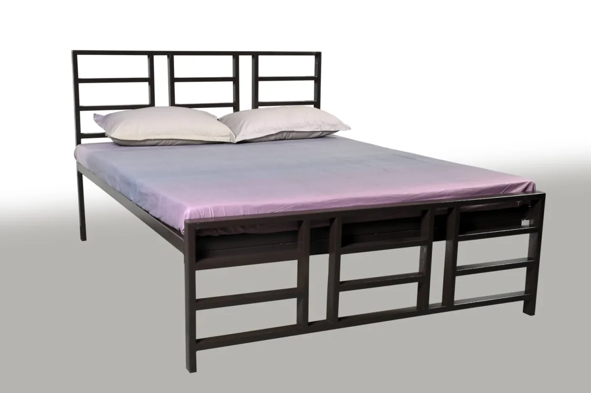 Steel double bed with a storage base.