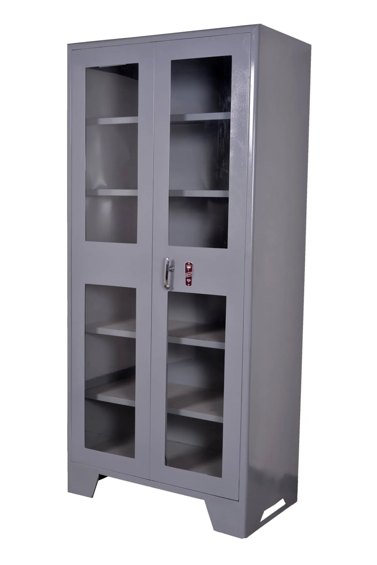 Steel bookcase with glazed doors and a lock.