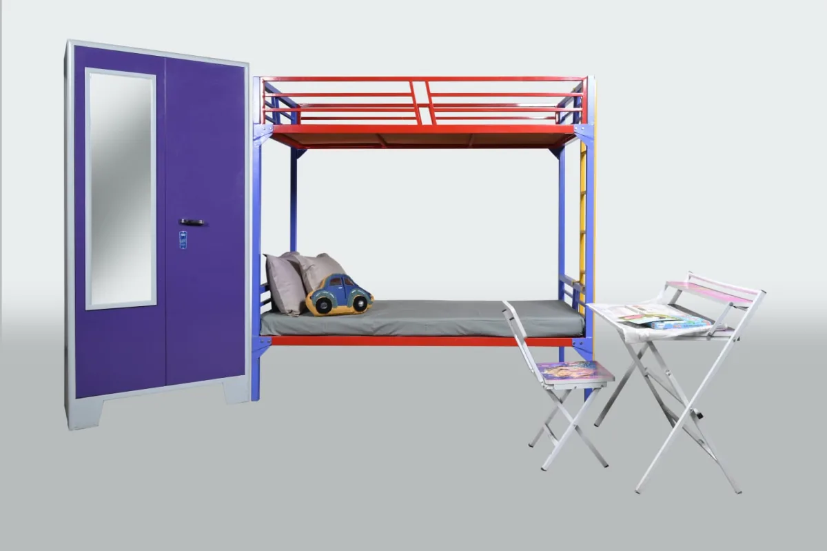 Bunk bed, cupboard and study table, as supplied to hostels.