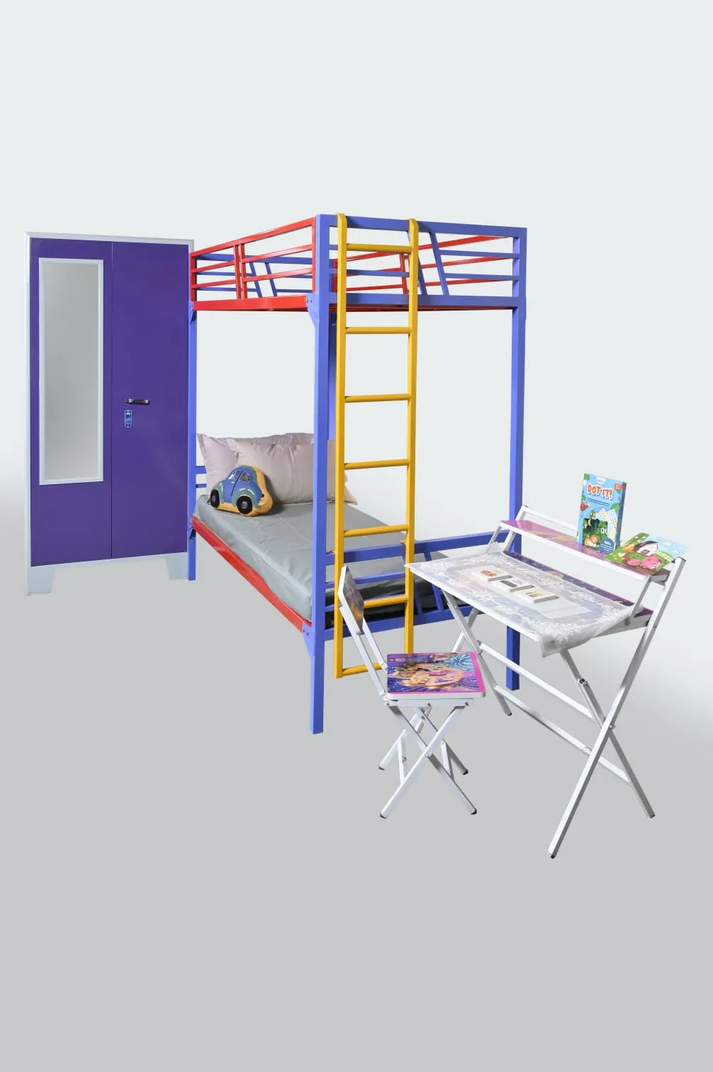 Bunk bed with a folding study table.
