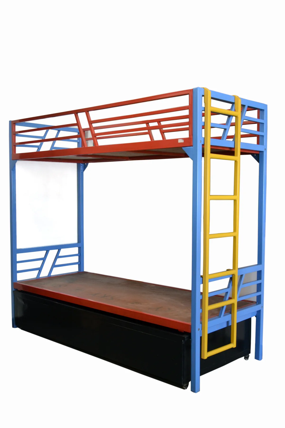Two tier steel bunk bed with a ladder.