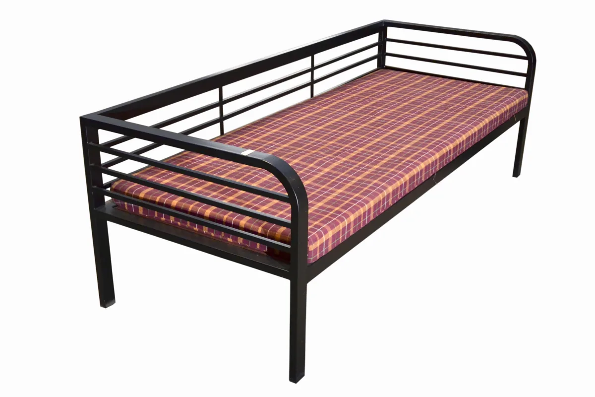 Steel single cot, made for hostels and staff quarters.
