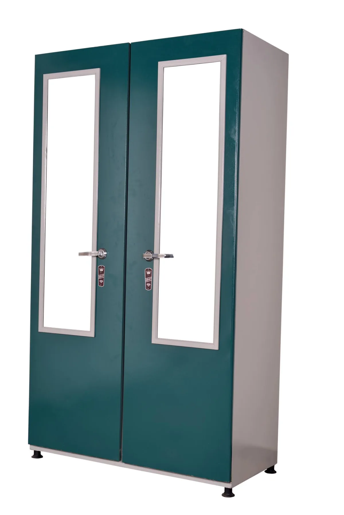 Two door steel cupboard with mirrors.