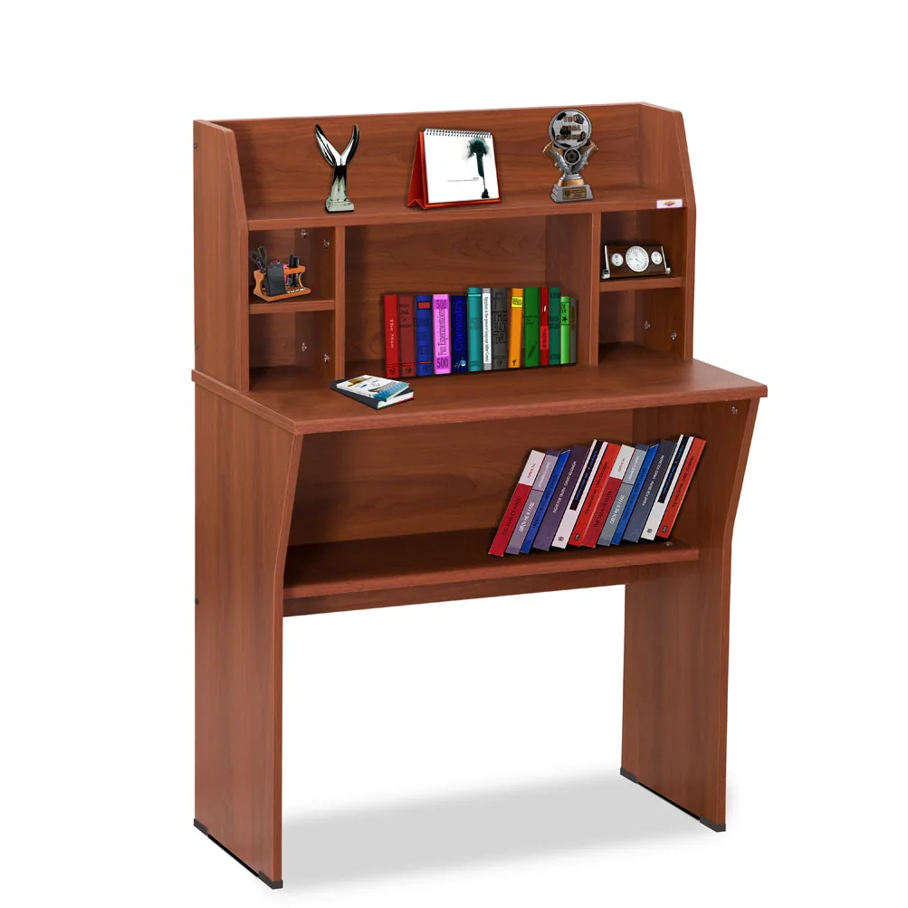 Study desk with overhead shelving.