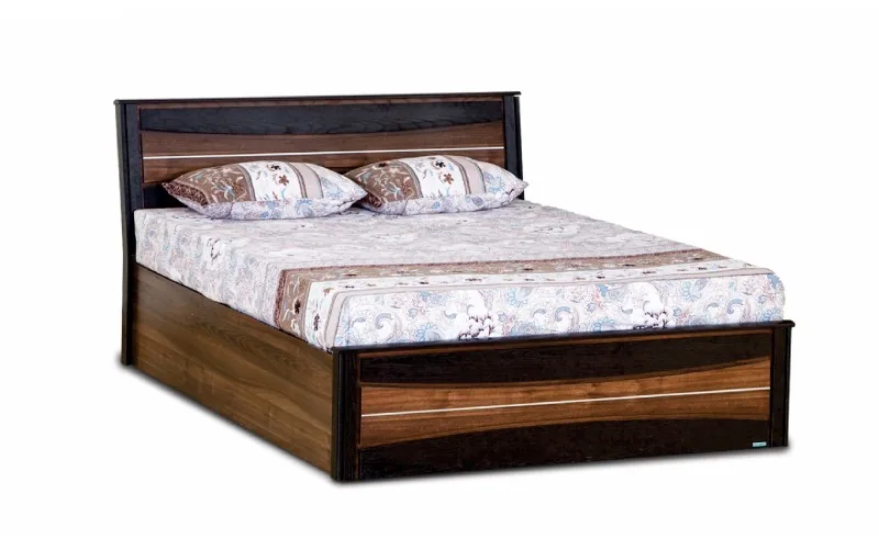 Wooden double bed with a storage base.