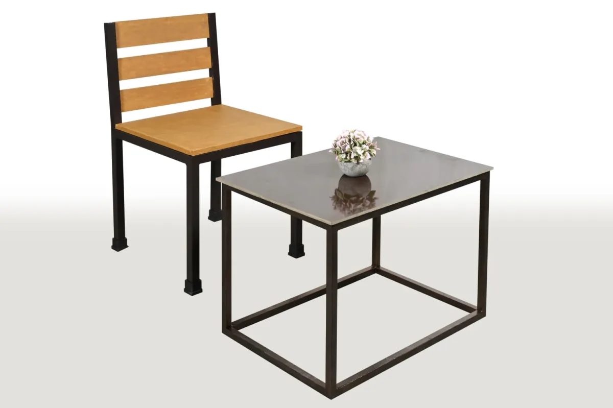 Wooden chair and a steel framed side table.