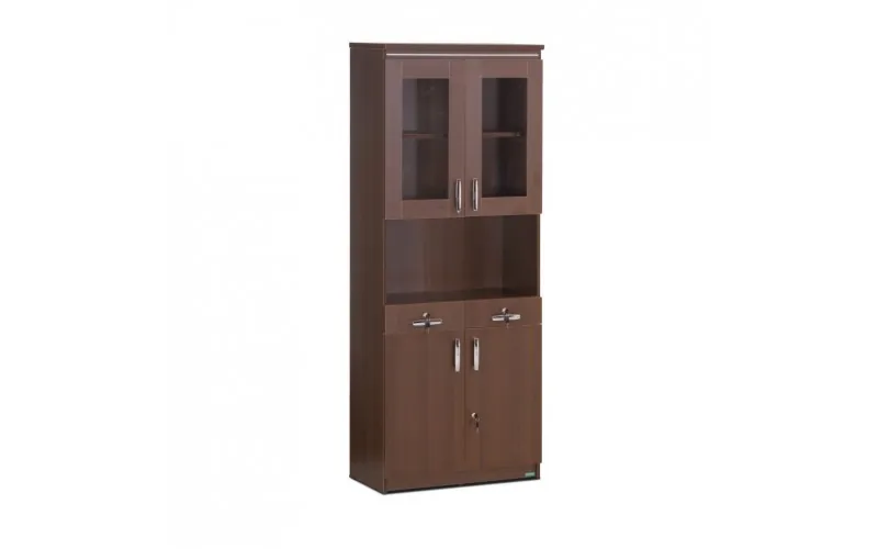Wooden display cabinet with glazed upper doors.
