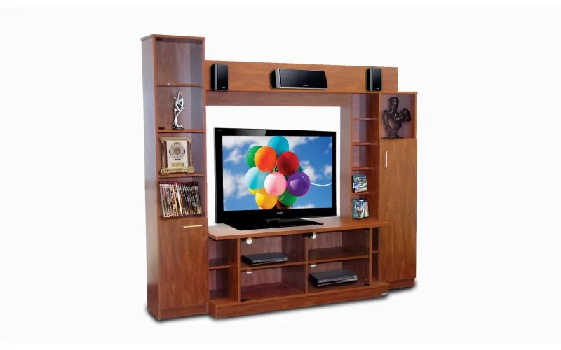 Wooden television unit with display shelving.