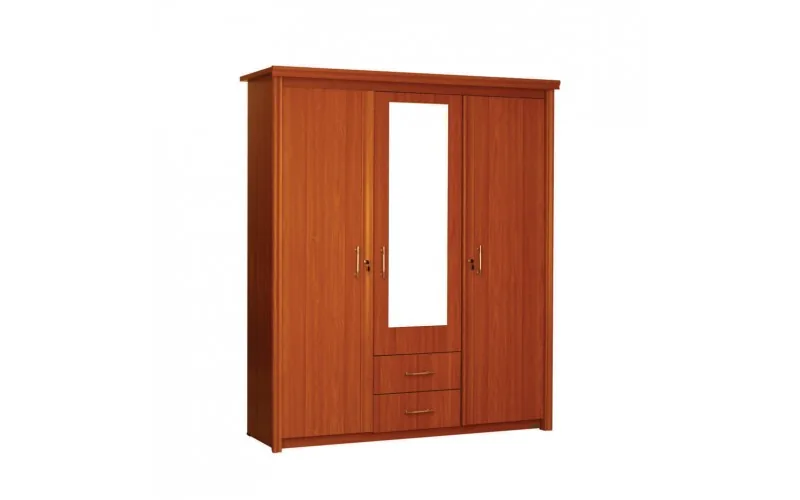 Wooden three door wardrobe with a mirror and drawers.