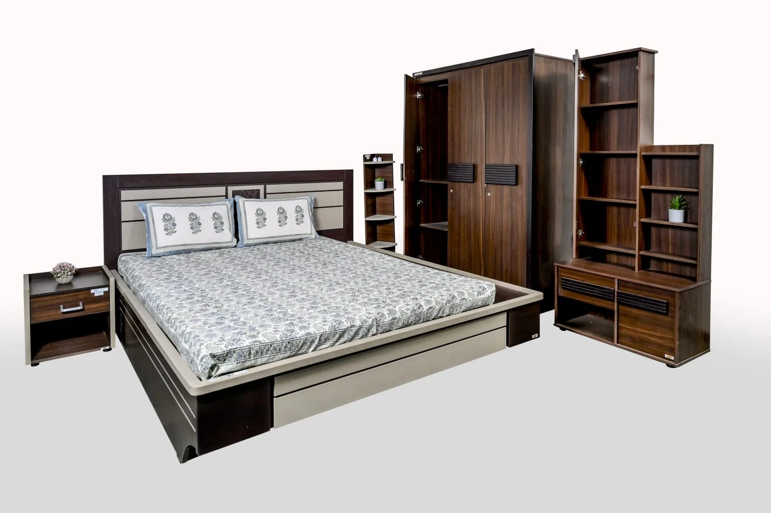 A bedroom: storage bed, wardrobe and open shelving.